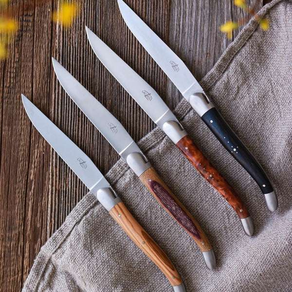 Forge de Laguiole Silver Stainless Steel Olive Wood Handle 6 Piece Steak Knife Set | Wood/Metal | Kathy Kuo Home