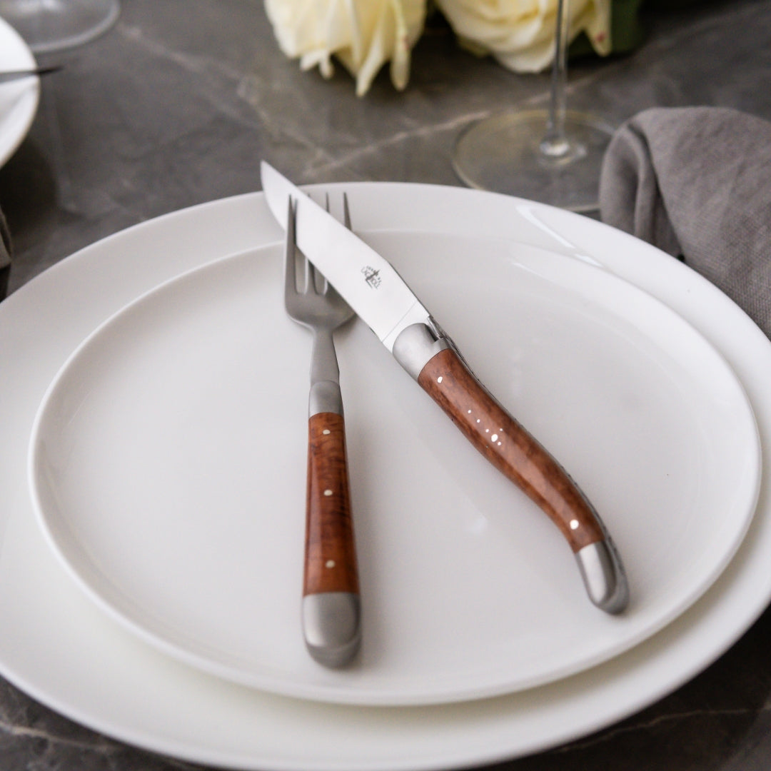 Forge de  Laguiole 6 Piece Steak Knife Set Briar Wood Satin Finish