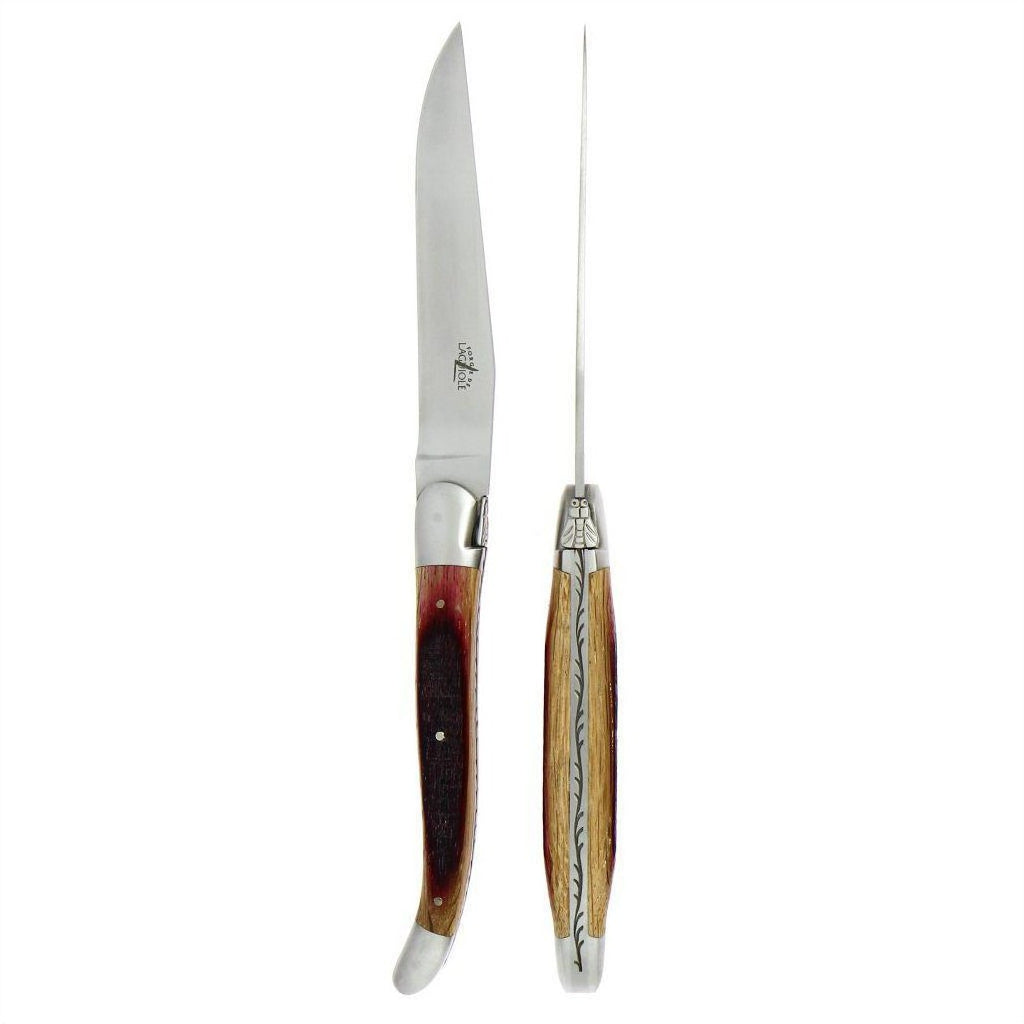 Laguiole 2 Piece Steak Knife Set Oak Barrel Wood Handle Satin Finish