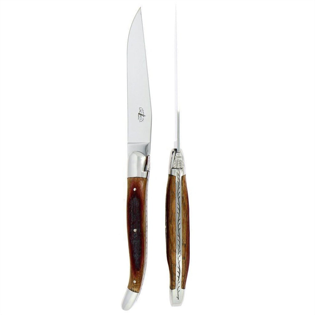 Laguiole 2 Piece Steak Knife Set Oak Barrel Wood Handle Shiny Finish