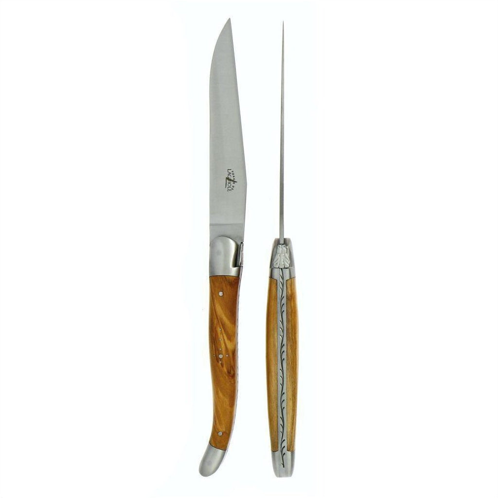 Laguiole 2 Piece Steak Knife Set Olive Wood Handle Satin Finish