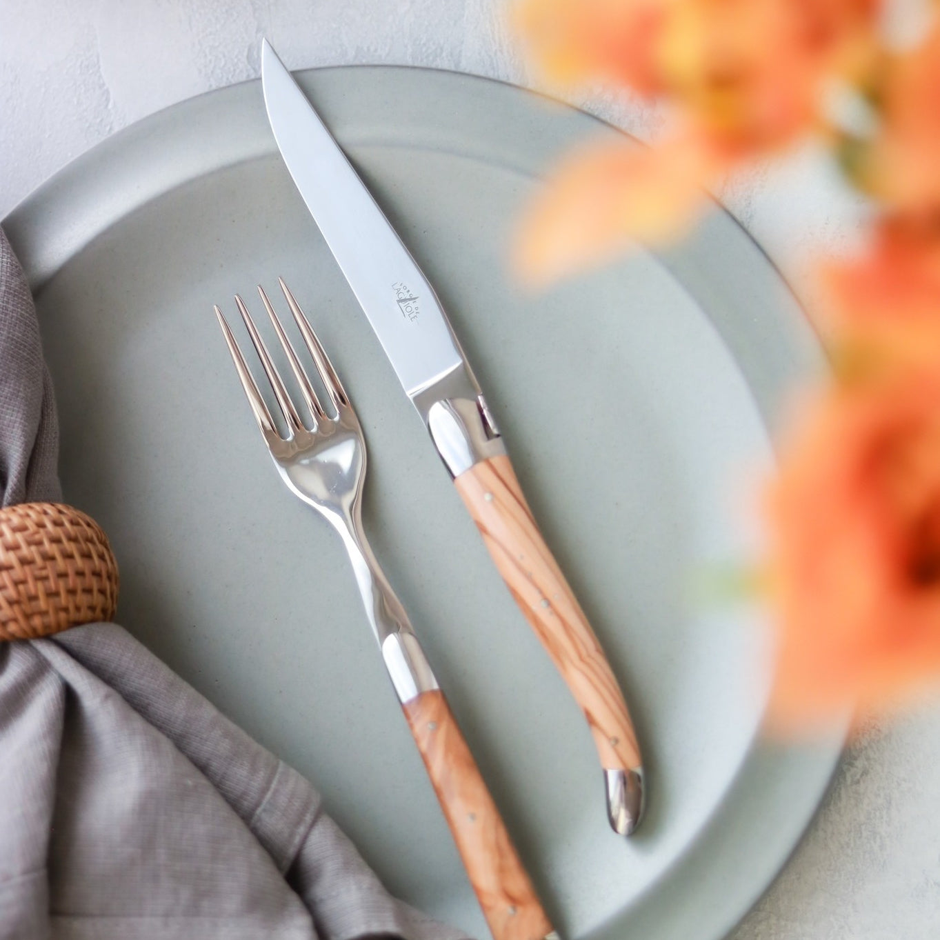 Laguiole 2 Piece Steak Knife Set Olive Wood Handle Shiny Finish