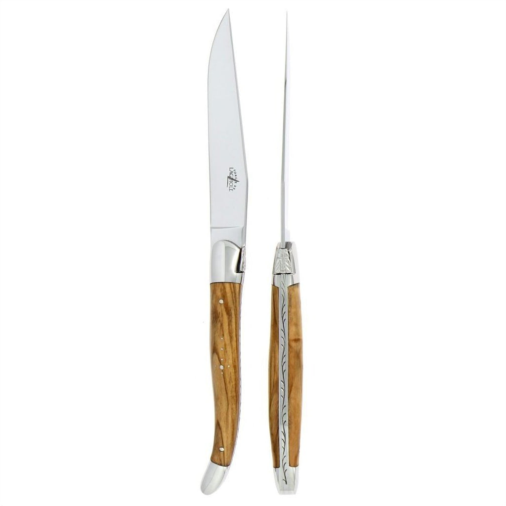 Laguiole 2 Piece Steak Knife Set Olive Wood Handle Shiny Finish