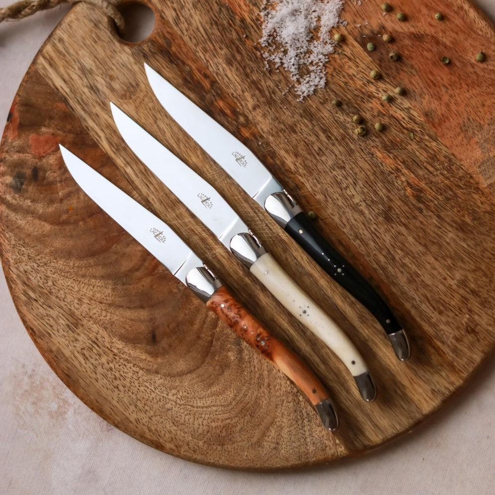 Forge de Laguiole Silver Stainless Steel Olive Wood Handle 2 Piece Steak Knife Set | Wood/Metal | Kathy Kuo Home