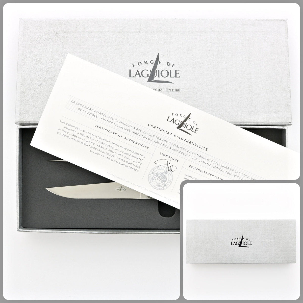 Forge de Laguiole steak knife set with walnut satin finish, certificate, and gift box.