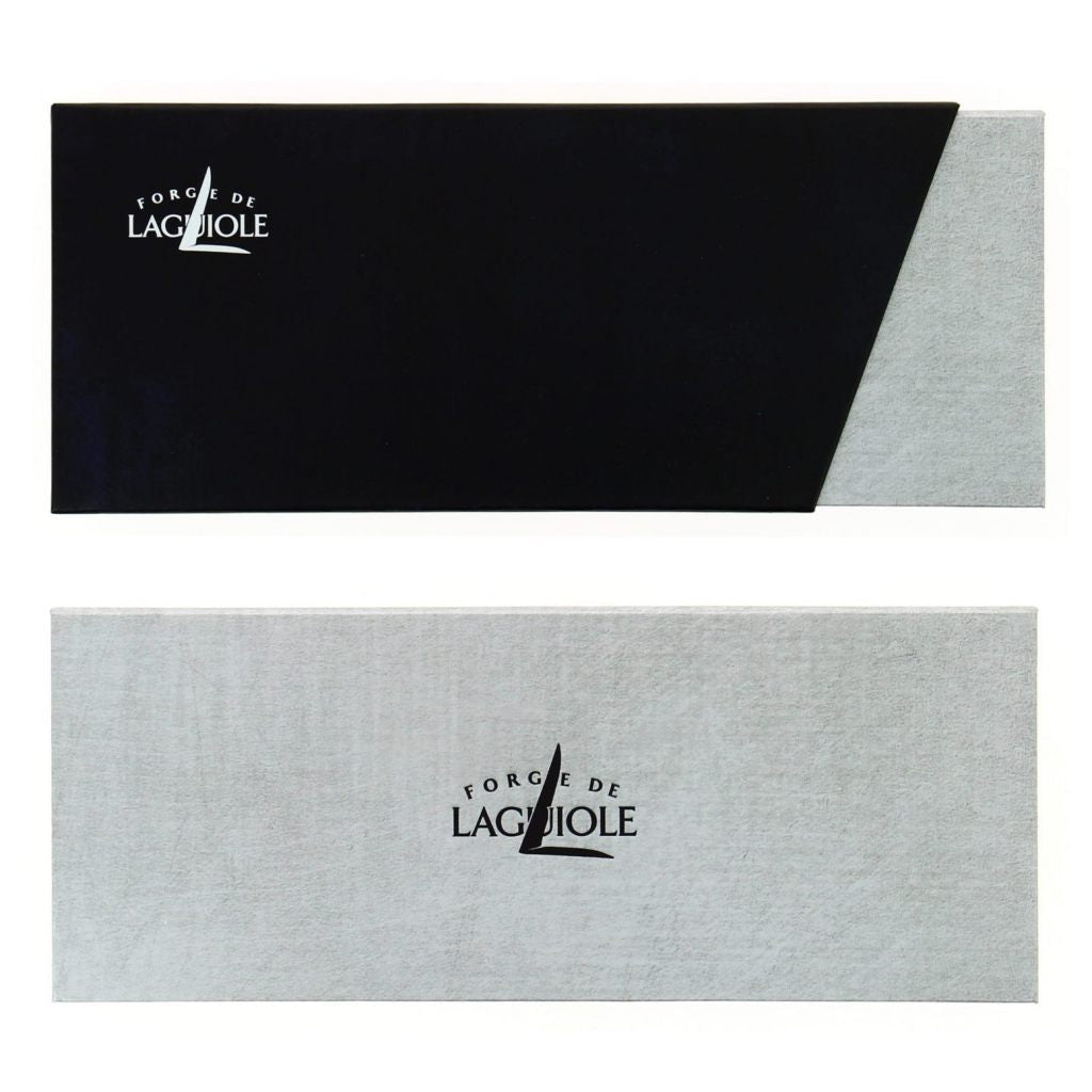Forge de Laguiole 2-piece steak knife set box, black and light gray with logo.