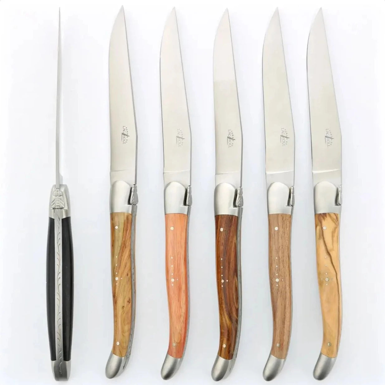 Laguiole Steak Knives Set of 6pc set Assorted Wood Handle in Satin