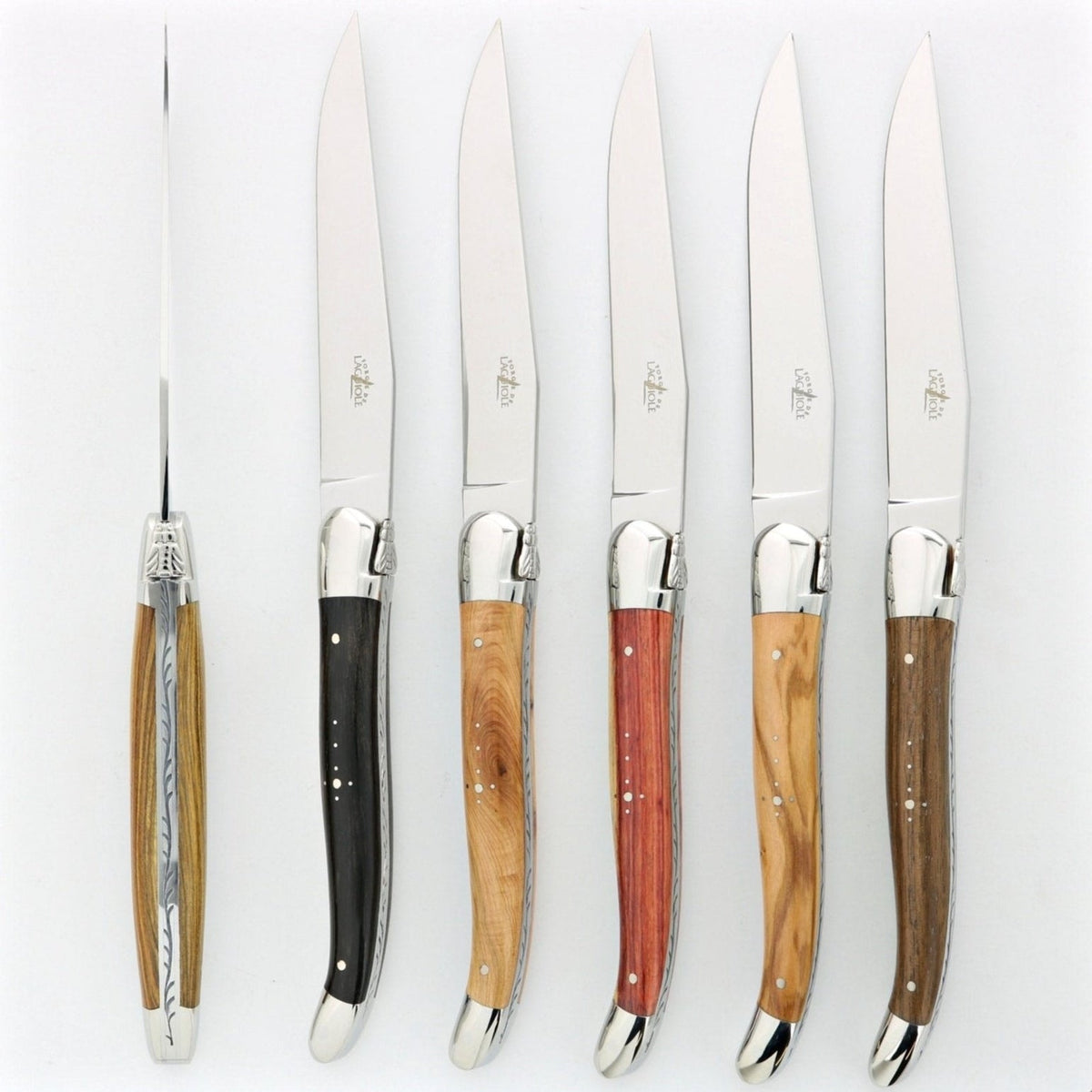 Laguiole 6 Piece Steak Knife Set Assorted Wood Handle Shiny Finish