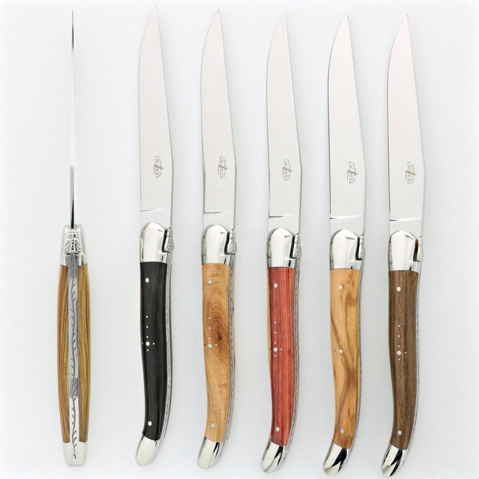 Laguiole 6 Piece Steak Knife Set Assorted Wood Handle Shiny Finish