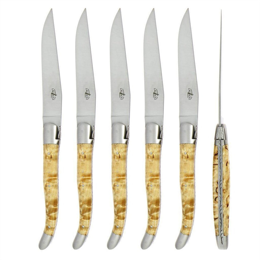 Laguiole 6 Piece Steak Knife Set Birchwood Handle Satin Finish