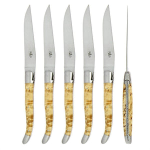 Forge de Laguiole 6 Piece Steak Knife Set Oak Barrel Handle Satin Finish