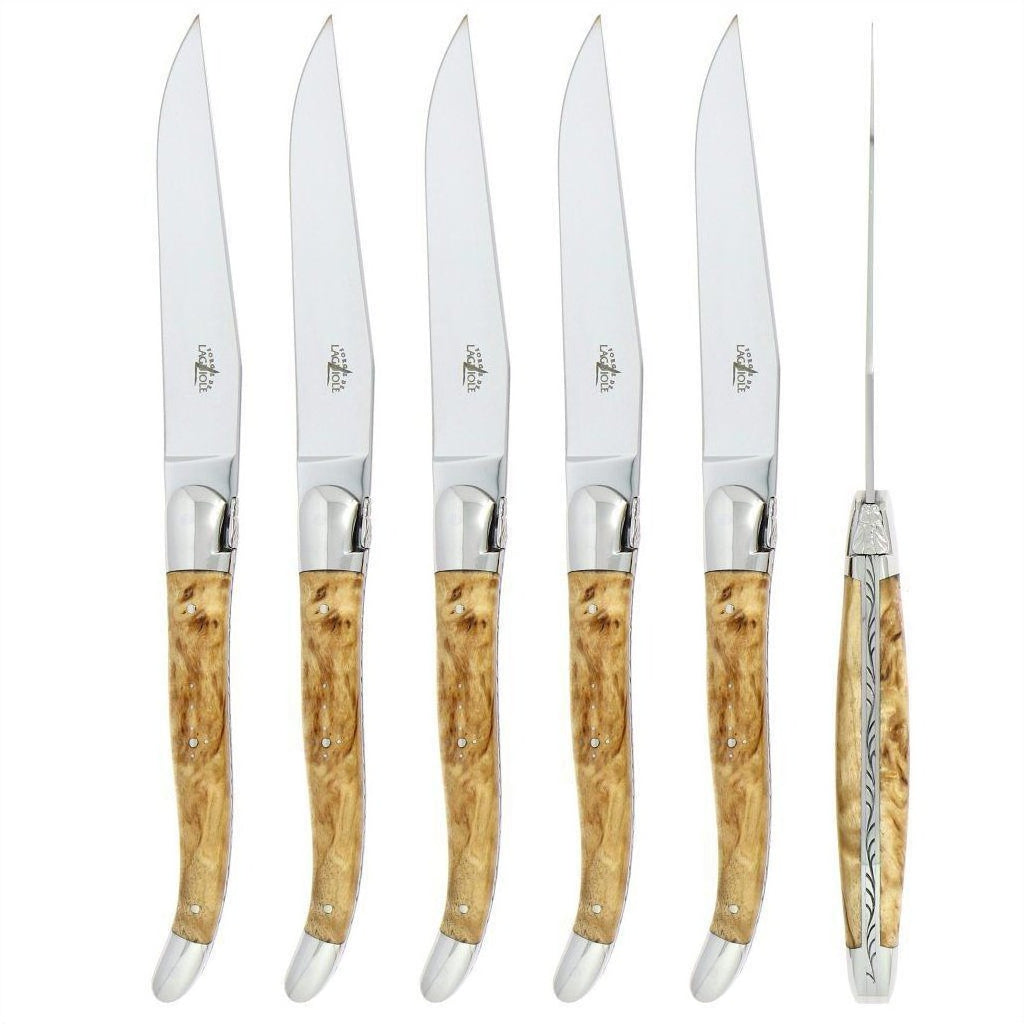 Laguiole 6 Piece Steak Knife Set Birchwood Handle Shiny Finish