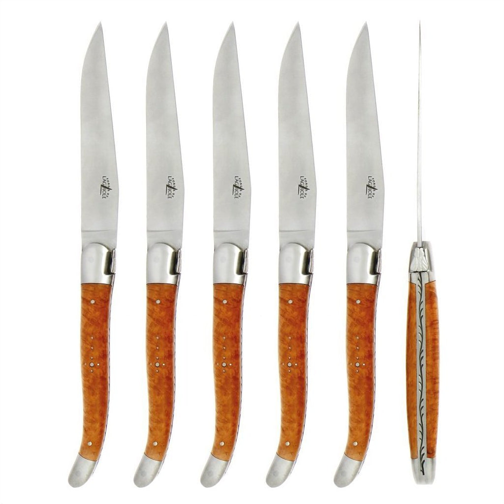 Laguiole 6 Piece Steak Knife Set Briar Wood Satin Finish