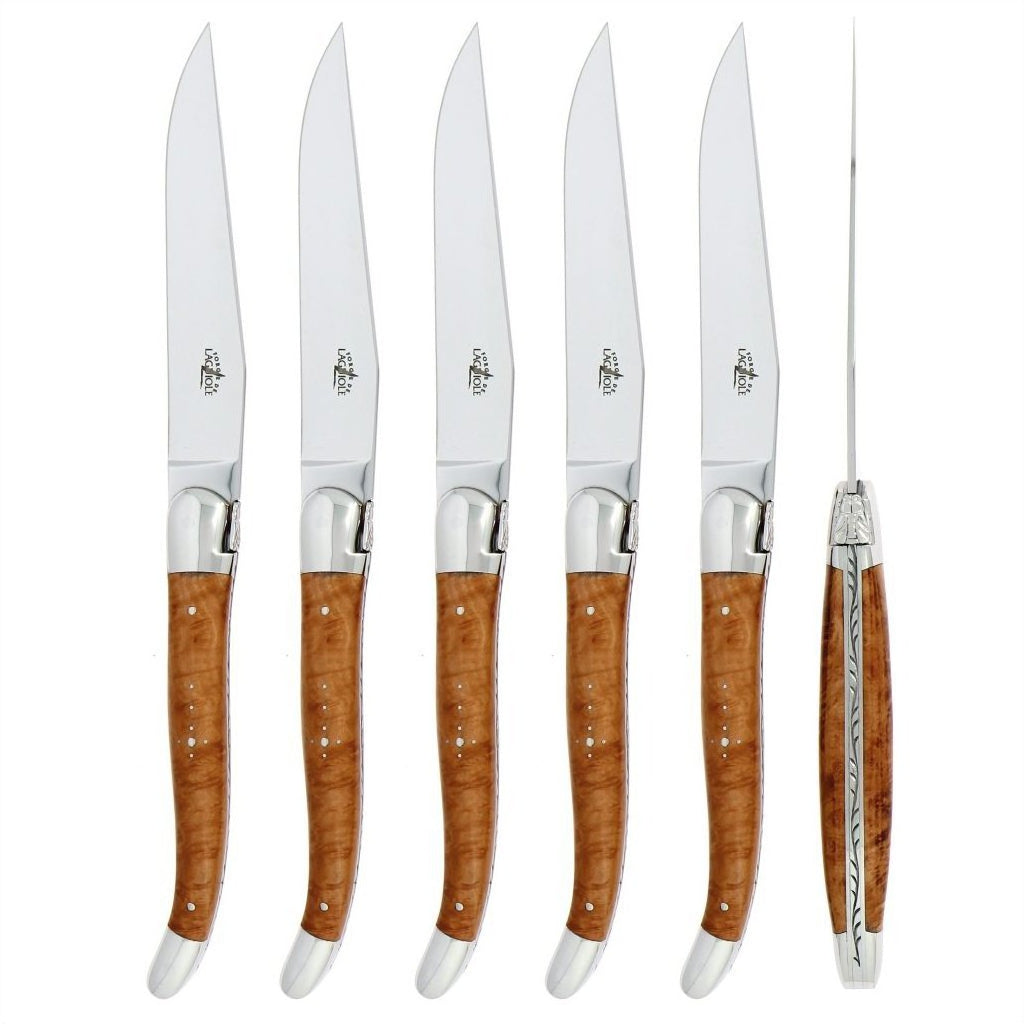 Laguiole 6 Piece Steak Knife Set Briar Wood Shiny Finish