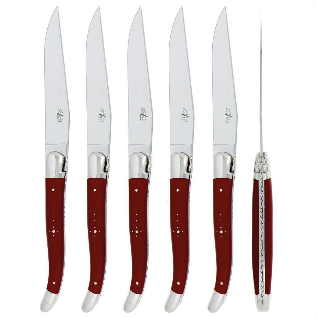 Forge de Laguiole Silver Stainless Steel Burgundy Handle 6 Piece Steak Knife Set | Metal/Resin | Kathy Kuo Home