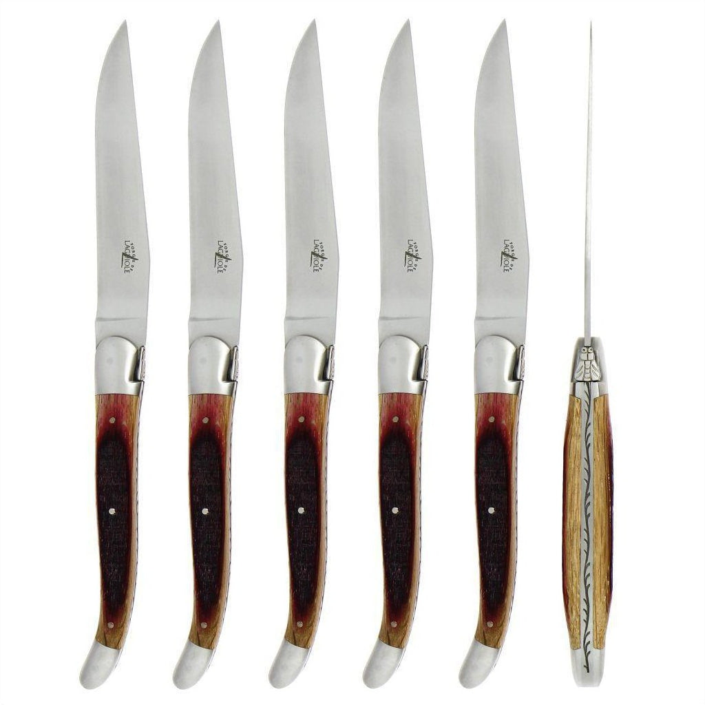 Laguiole 6 Piece Steak Knife Set Oak Barrel Handle Satin Finish