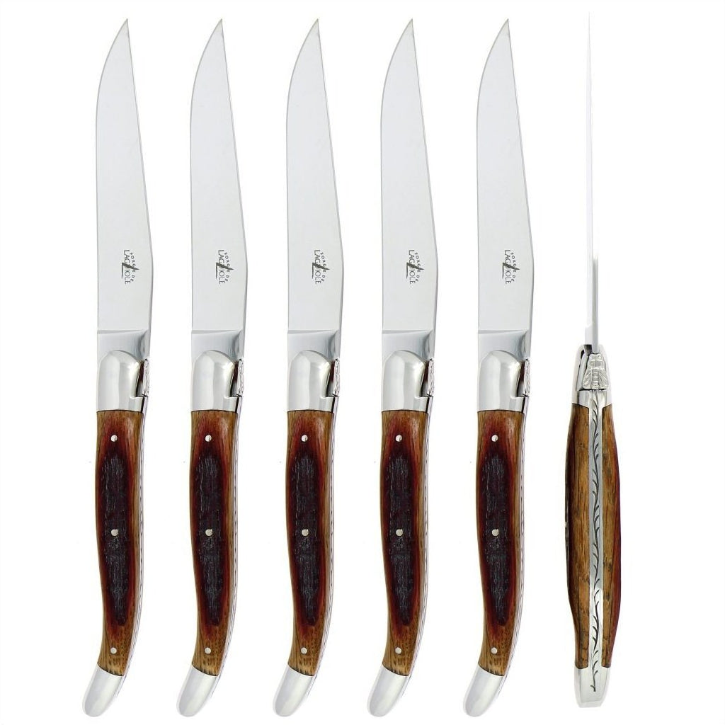 Laguiole 6 Piece Steak Knife Set Oak Barrel Handle Shiny Finish