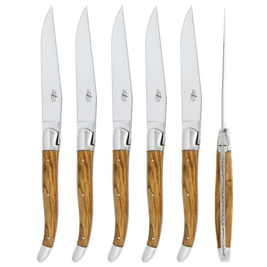 Laguiole 6 Piece Steak Knife Set Olive Wood Shiny Finish