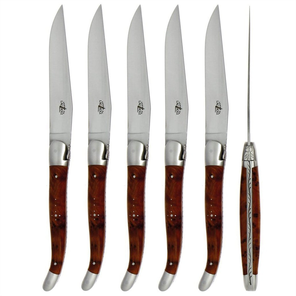 Laguiole 6 Piece Steak Knife Set Thuya Burl Satin Finish