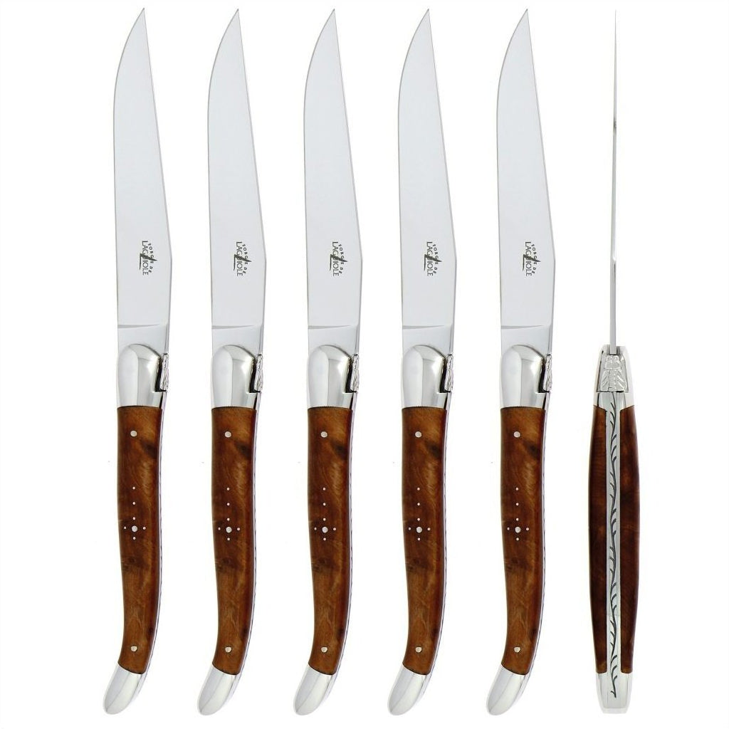 Laguiole 6 Piece Steak Knife Set Thuya Burl Shiny Finish