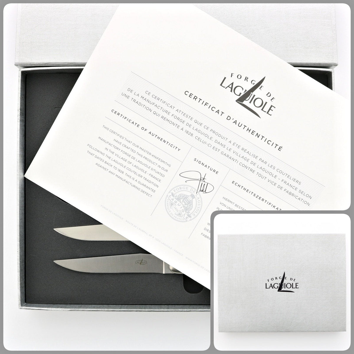 Forge de Laguiole steak knife set with walnut satin finish, certificate of authenticity.