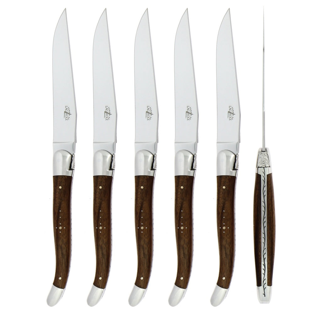 Forge de Laguiole Dinner/steak knives with walnut wood handle,  high-polished finish, set of 6