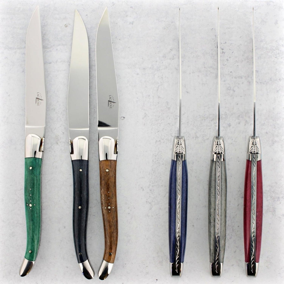 Forge de Laguiole Hand-Dyed Vintage Cattle Bone Steak Knives - Set of 6, - Handcrafted by Forge de Laguiole