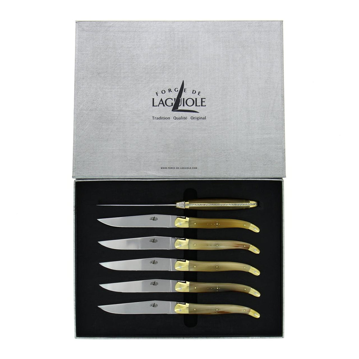 Forge de Laguiole Horn Tip Handle Steak Knives - Brass Bolsters