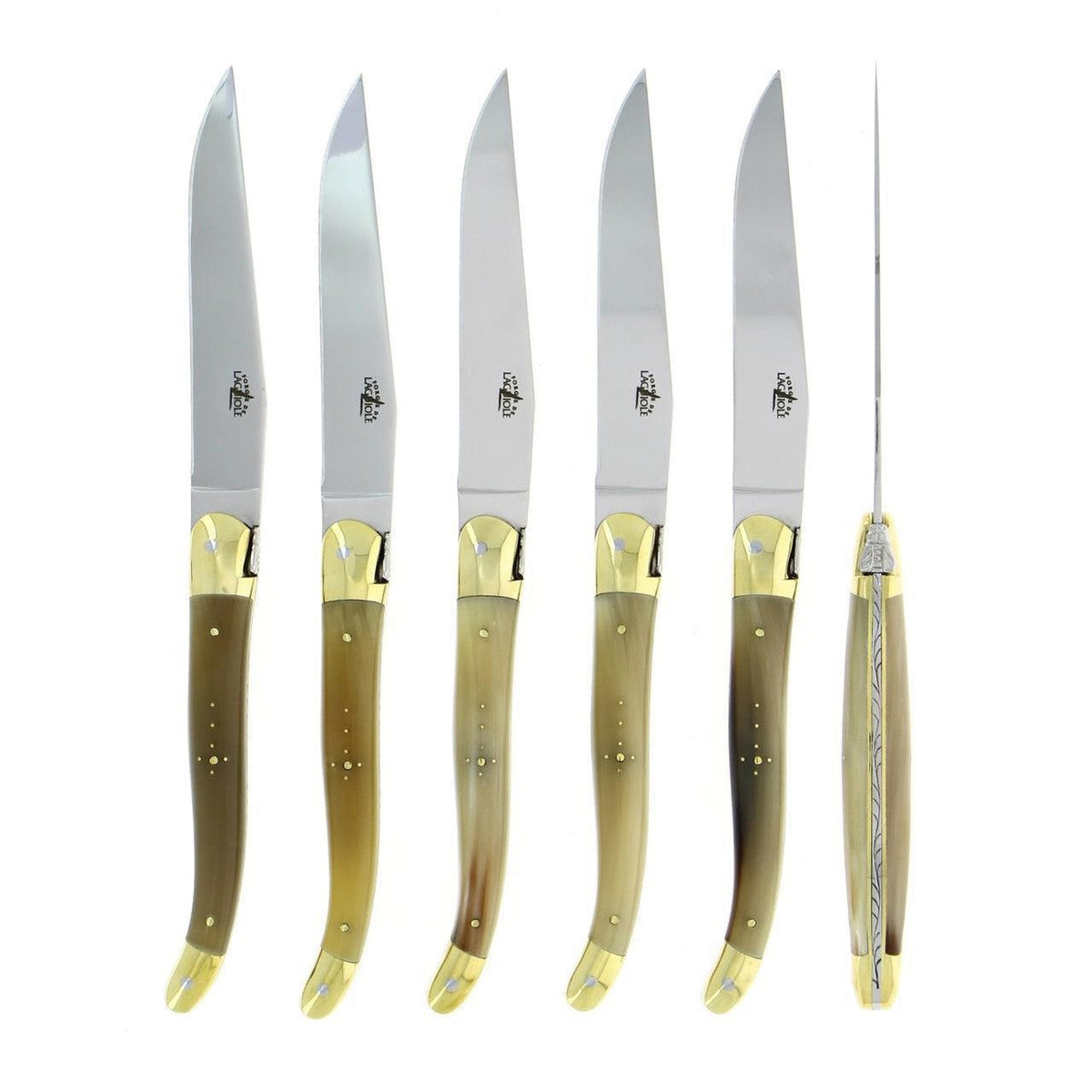 Forge de Laguiole Horn Tip Handle Steak Knives - Brass Bolsters