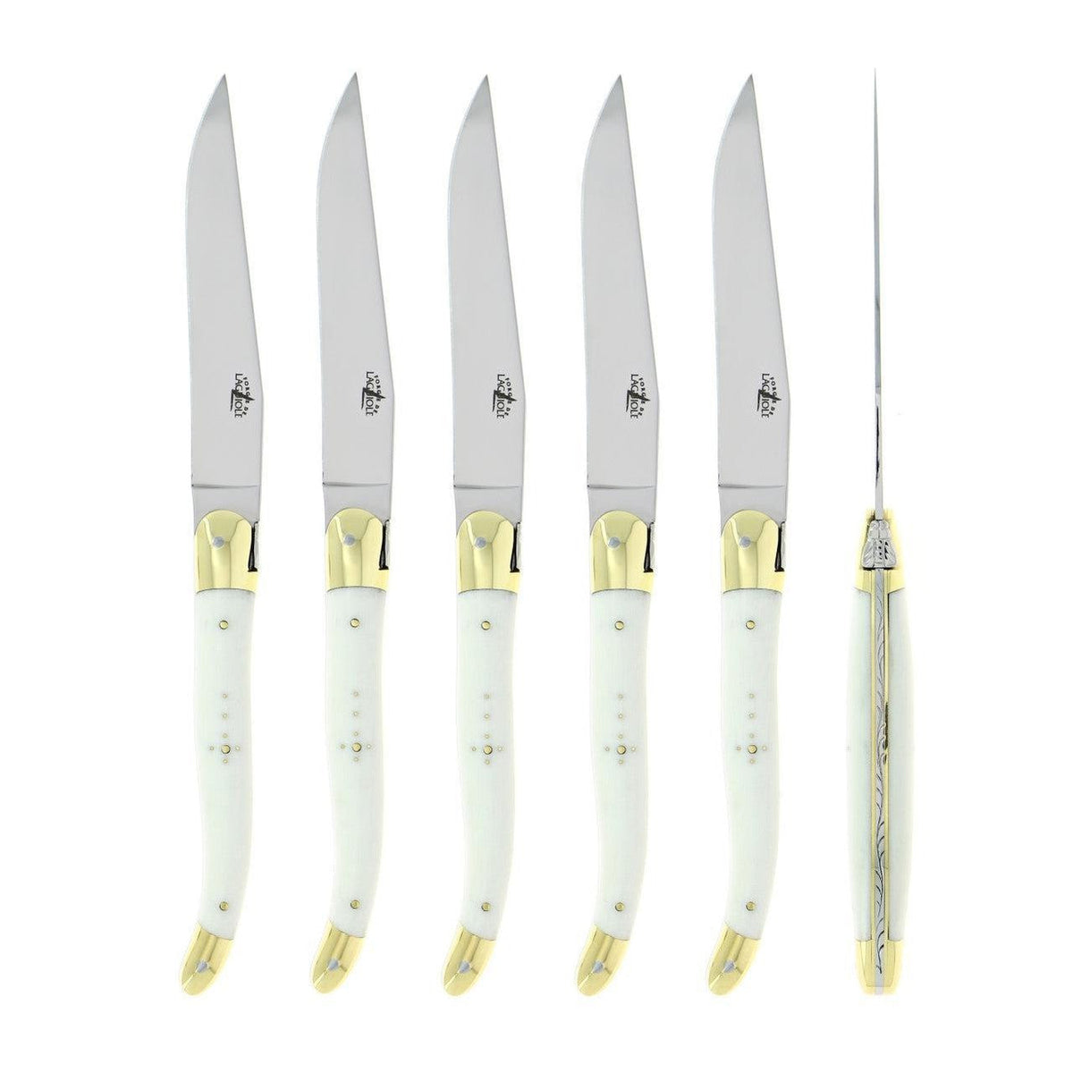 Forge de Laguiole White Fabric Steak Knives - Brass Bolsters