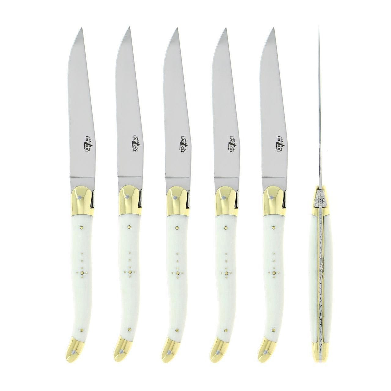 Forge de Laguiole White Fabric Steak Knives - Brass Bolsters
