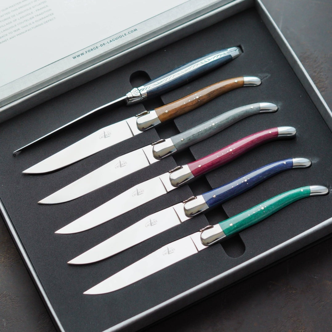 Forge de Laguiole Hand-Dyed Vintage Cattle Bone Steak Knives - Set of 6