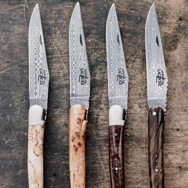 Laguiole Steak Knife Damascus blade & bolsters Olivewood, set of 2 Laguiole