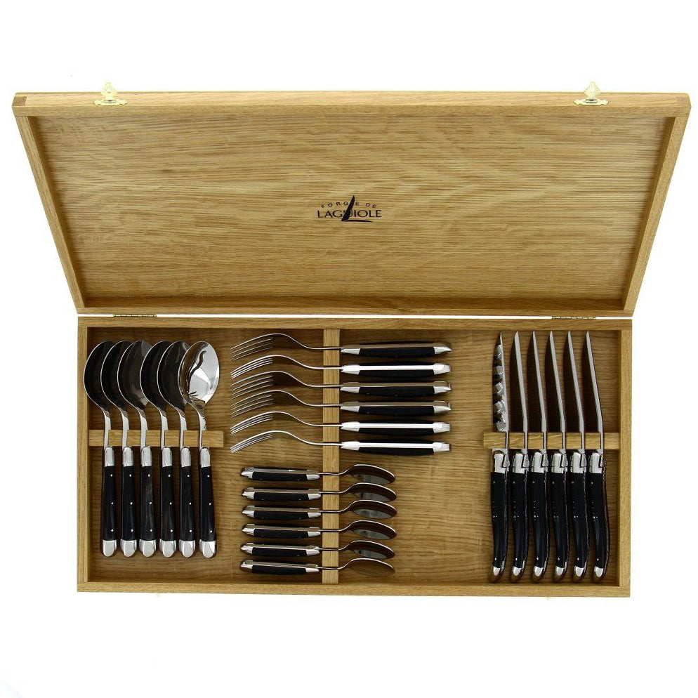 Laguiole 24 Piece Cutlery Set Dark Horn Tip - Shiny Finish