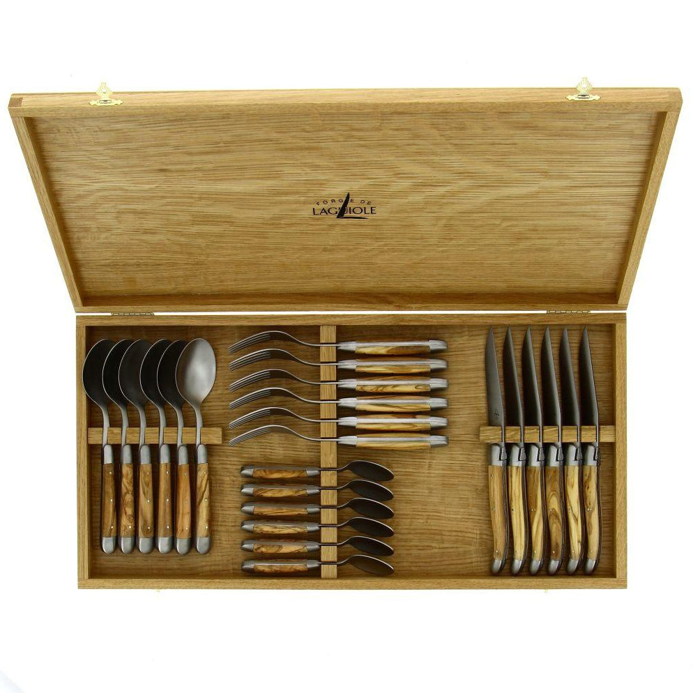 Laguiole 24 Piece Cutlery Set Olive Wood - Satin Finish