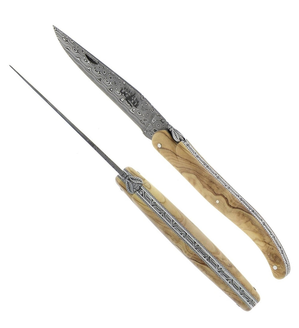 RAMBAUD 236 - Olive wood Munin Damascus Pocket Knife by Stéphane Rambaud